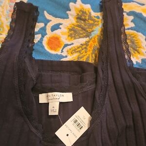 Ann Taylor Navy Lace-Trim Scoop Tank
